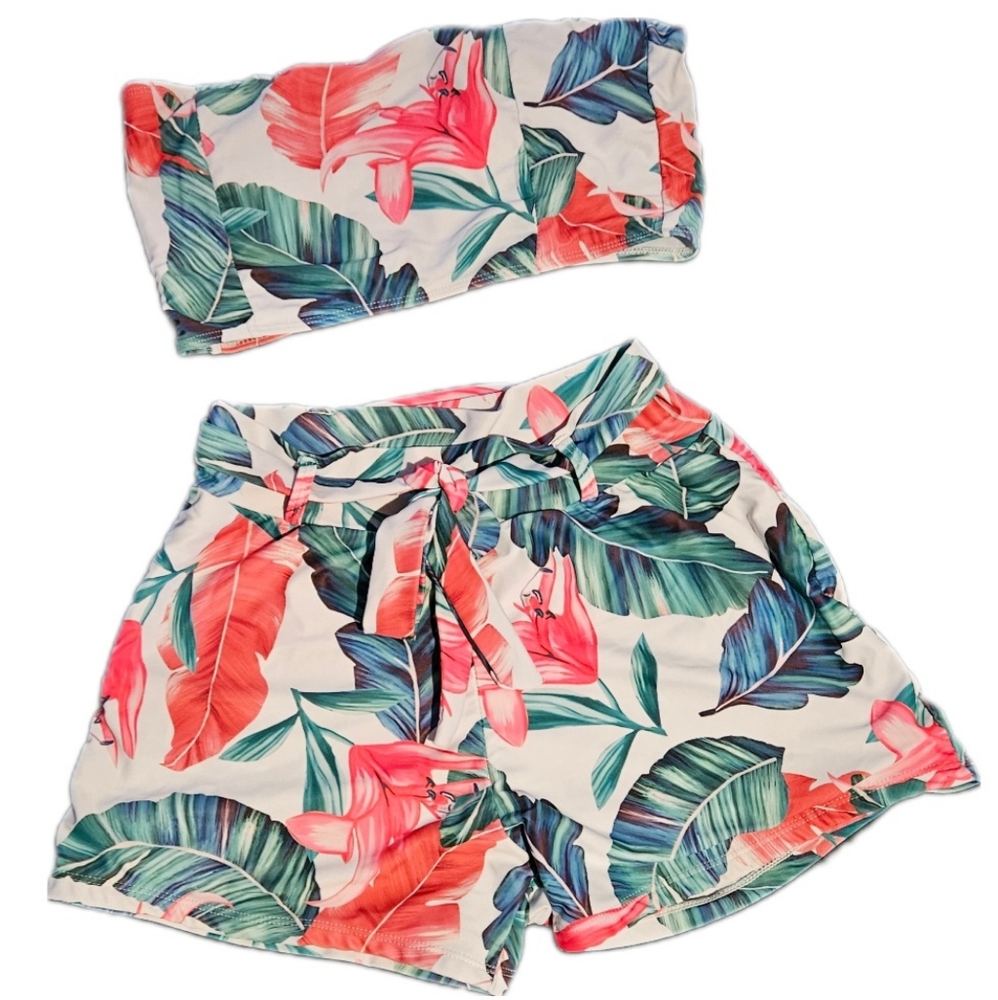 Shein Floral Strapless Bathing swim Suit Bikini short bottoms size Small